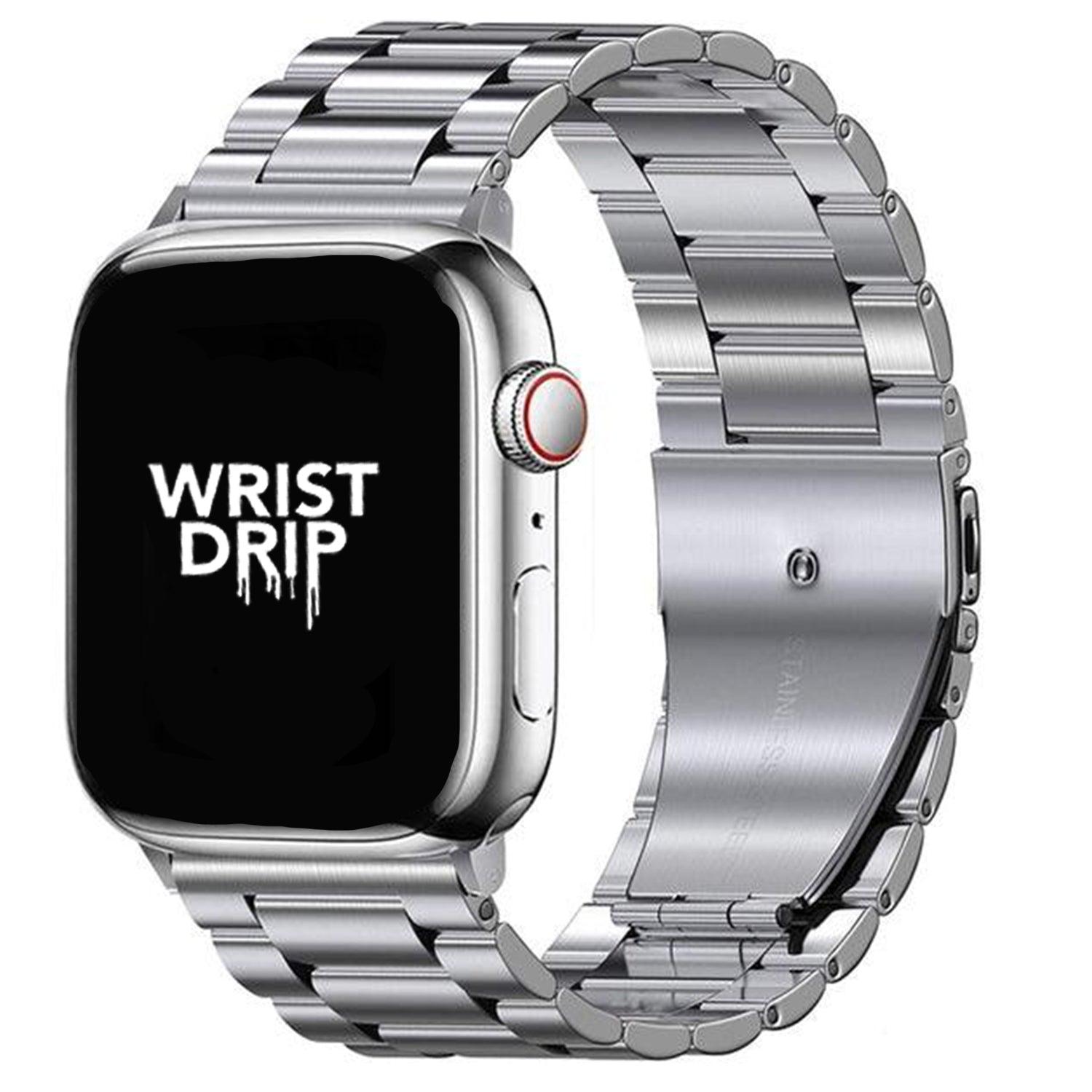 Silver Acacia metal Apple Watch band – elegant, polished, and designed for a modern look.