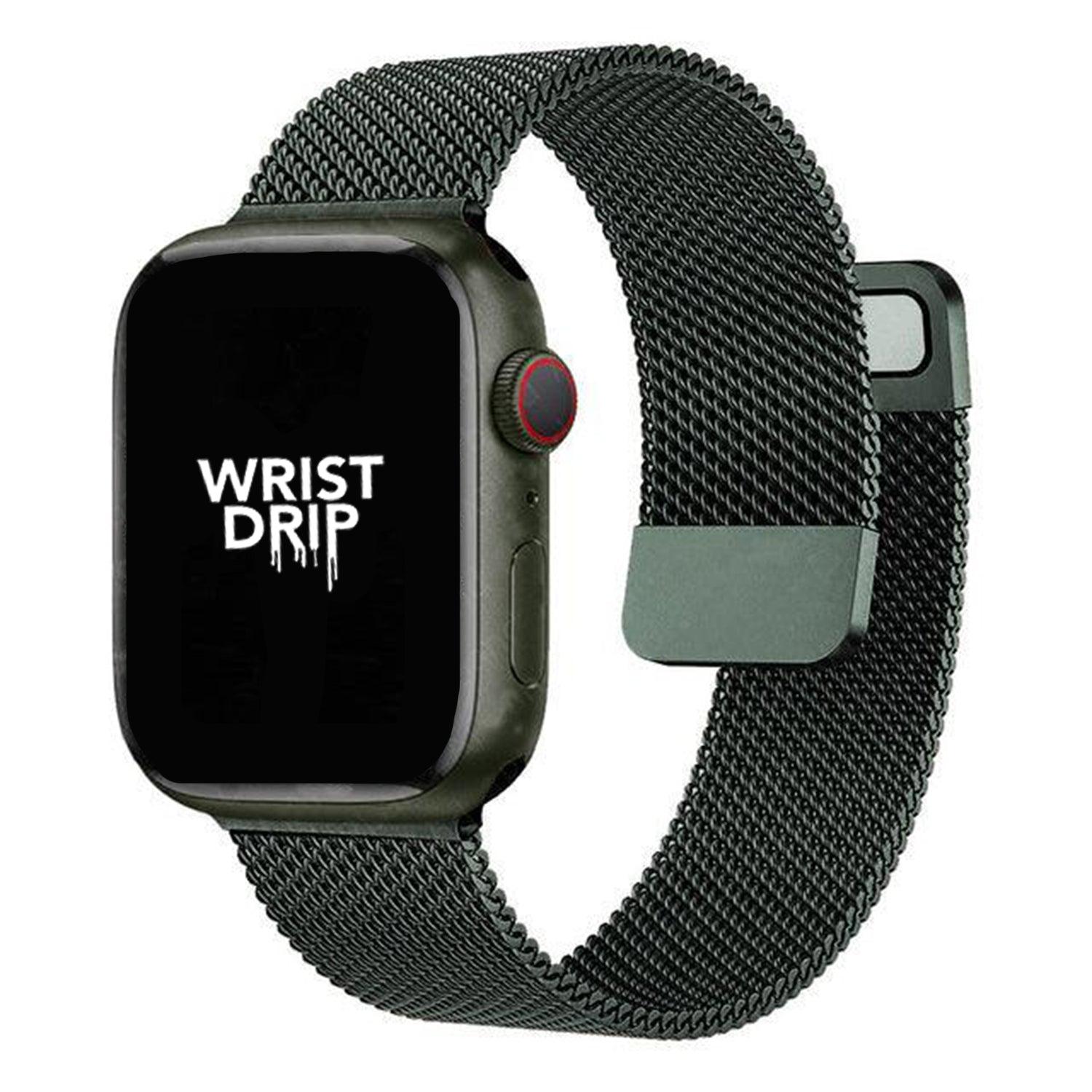 Dark green magnetic metal loop Apple Watch strap – bold colour with a secure, flexible fit.