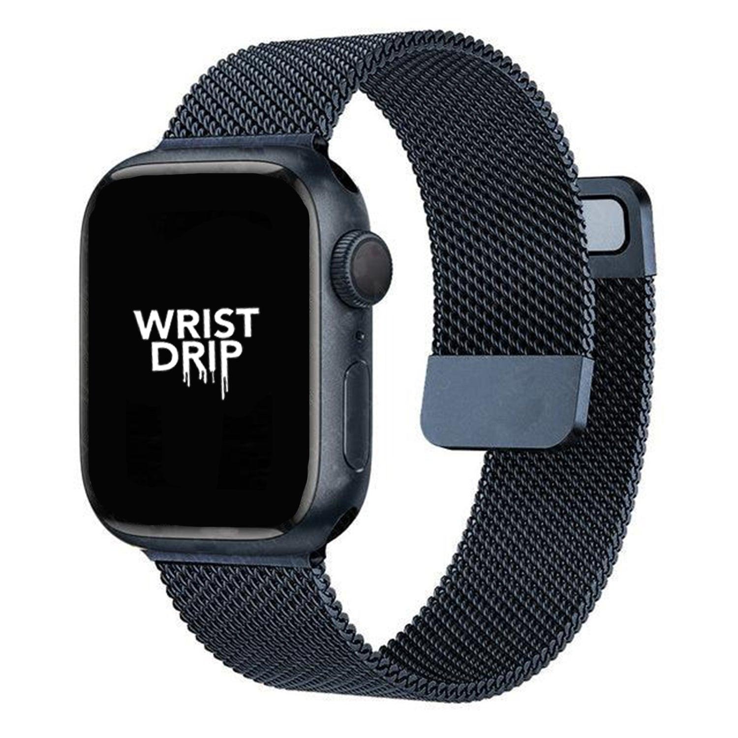 Midnight blue magnetic metal loop Apple Watch strap – deep navy finish with sleek metal detailing.