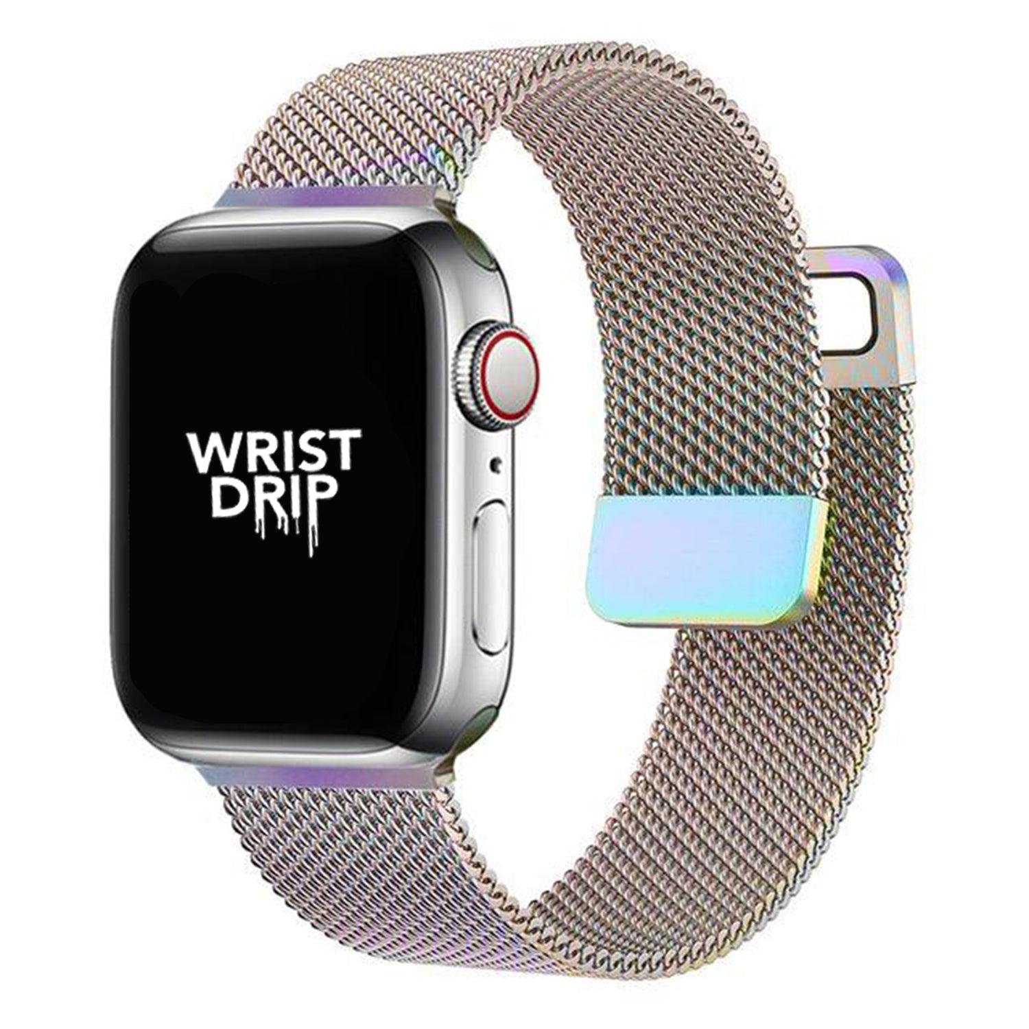 Rainbow magnetic metal loop Apple Watch strap – vibrant multicolour finish for a fun, standout look.