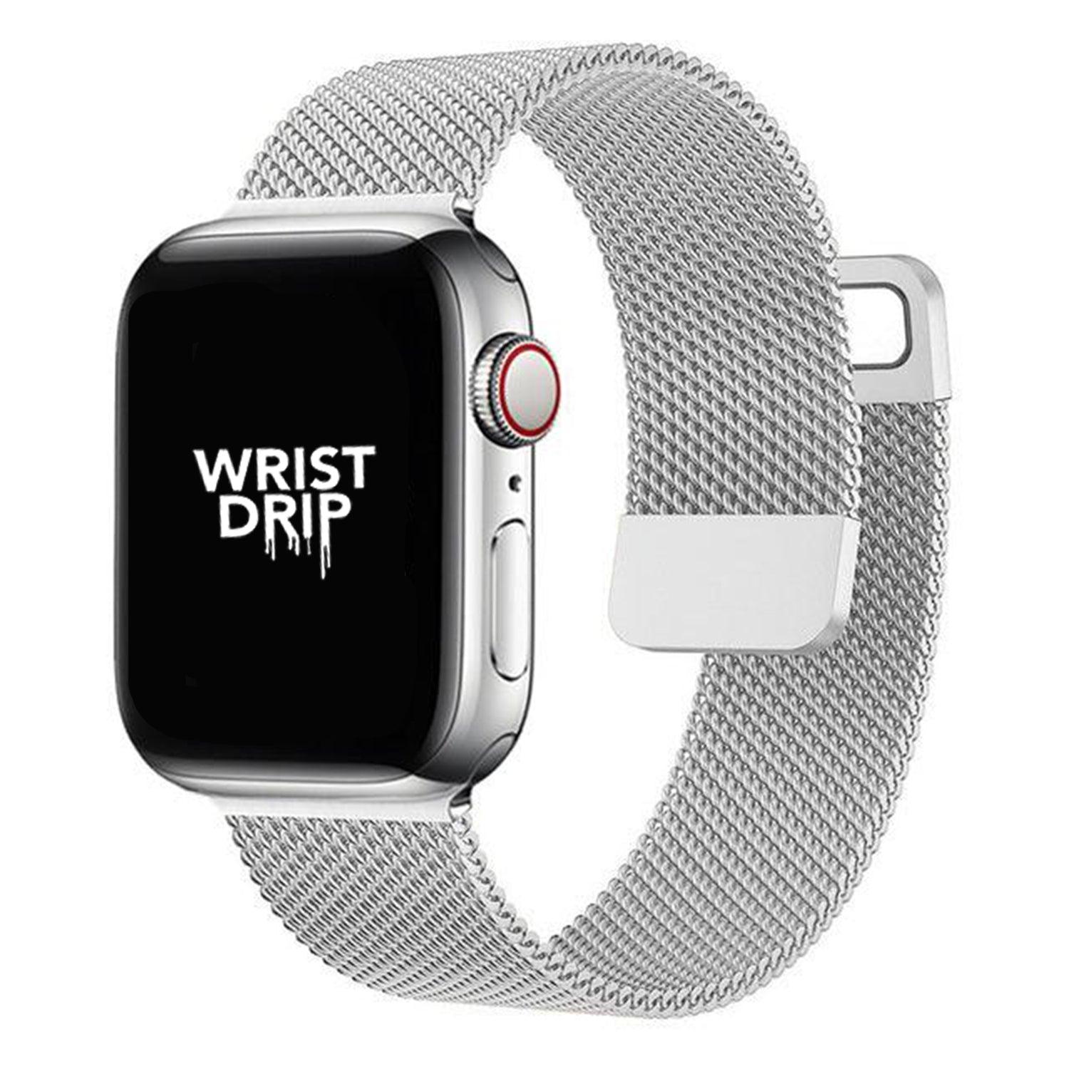 Silver magnetic metal loop Apple Watch strap – classic and polished stainless steel look.