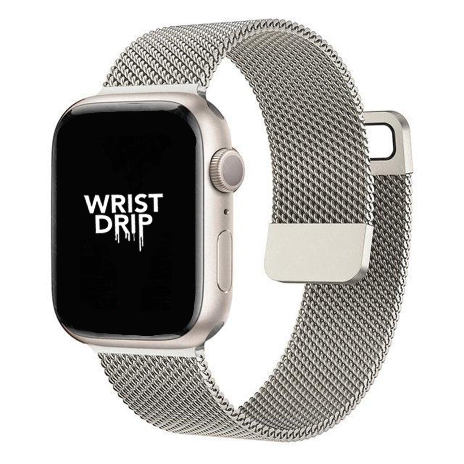 Starlight magnetic metal loop Apple Watch strap – soft metallic tone for a premium everyday look.