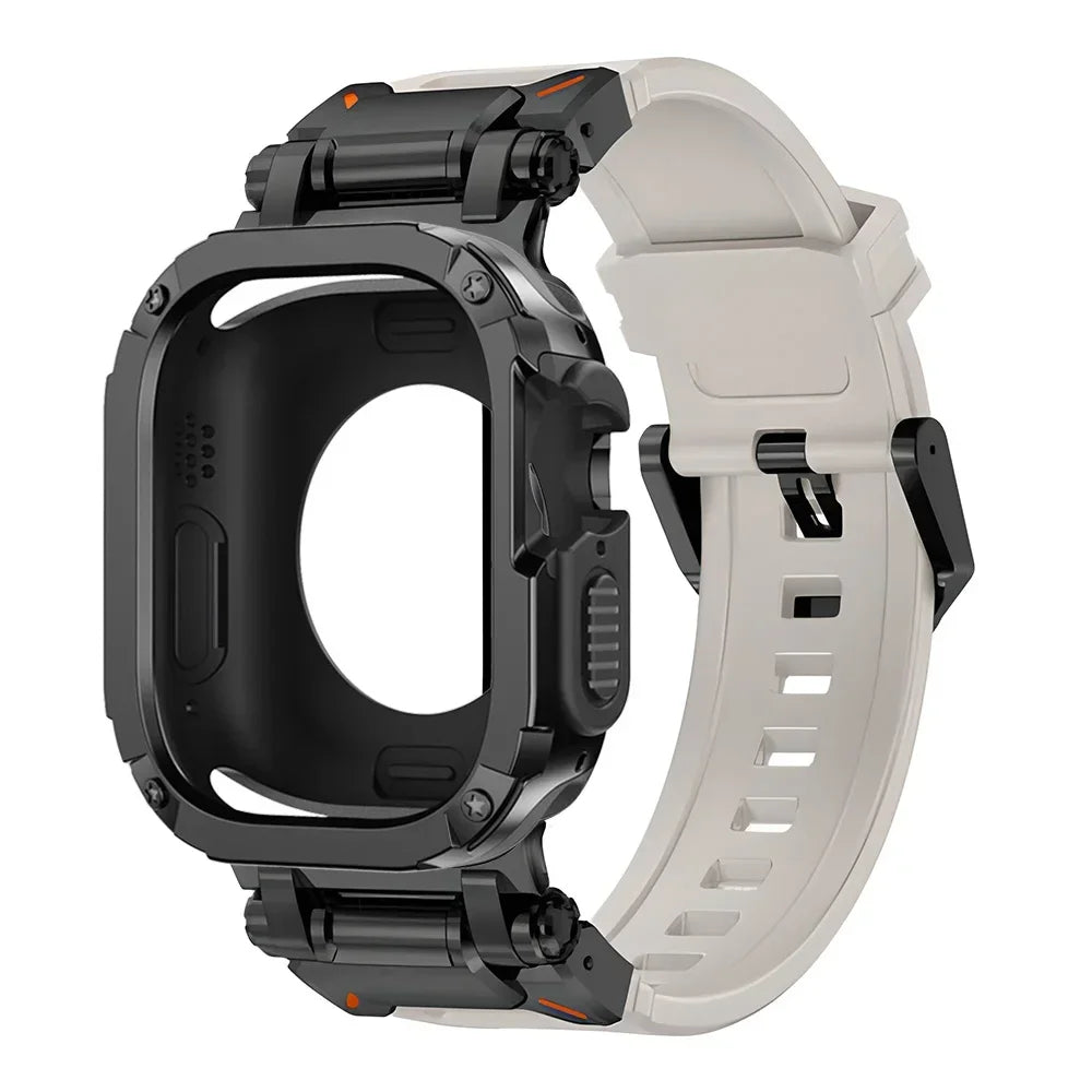 Black and grey stainless steel and silicone Apple Watch band – durable, stylish strap