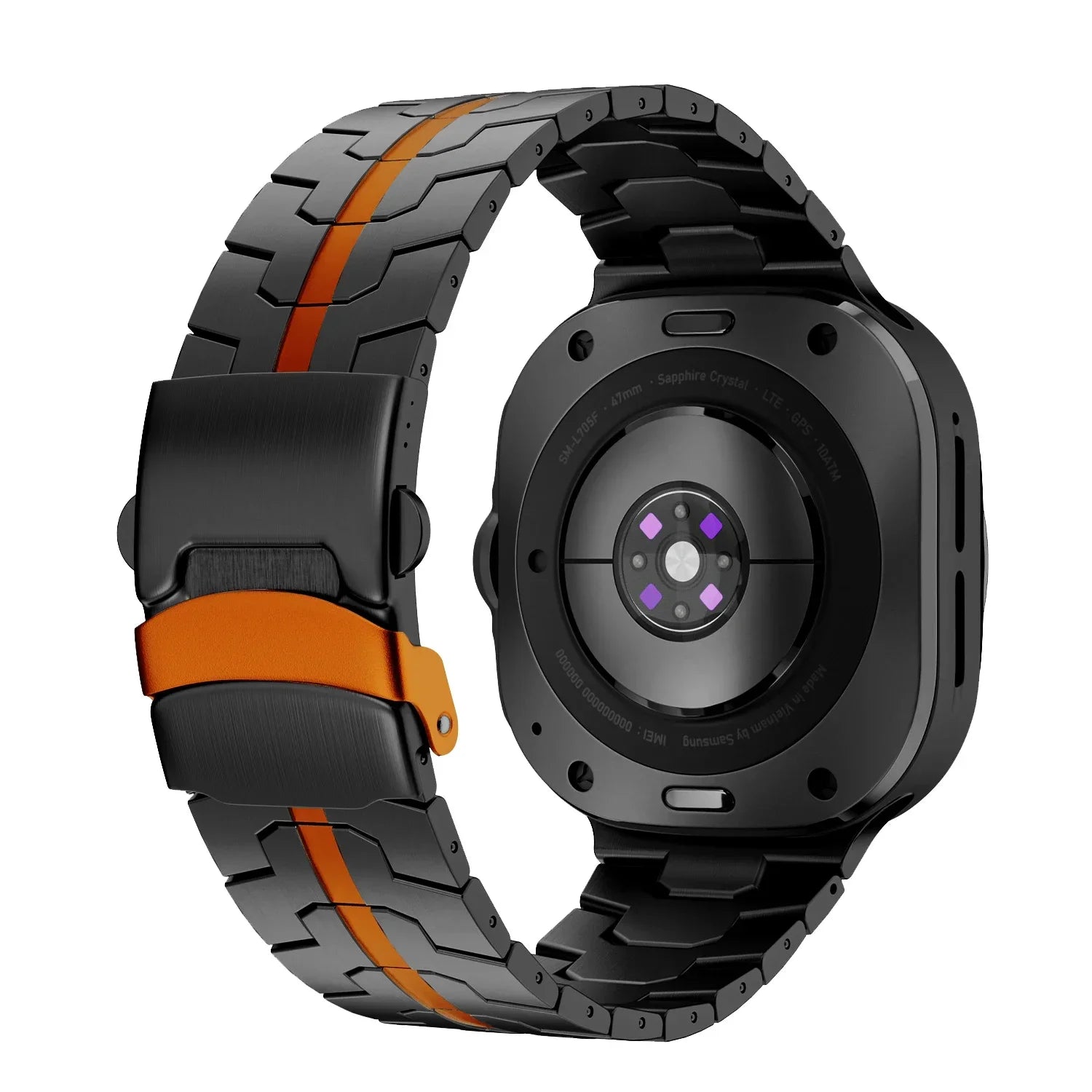 Black and orange stainless steel Samsung Galaxy Ultra watch band – sleek, durable design