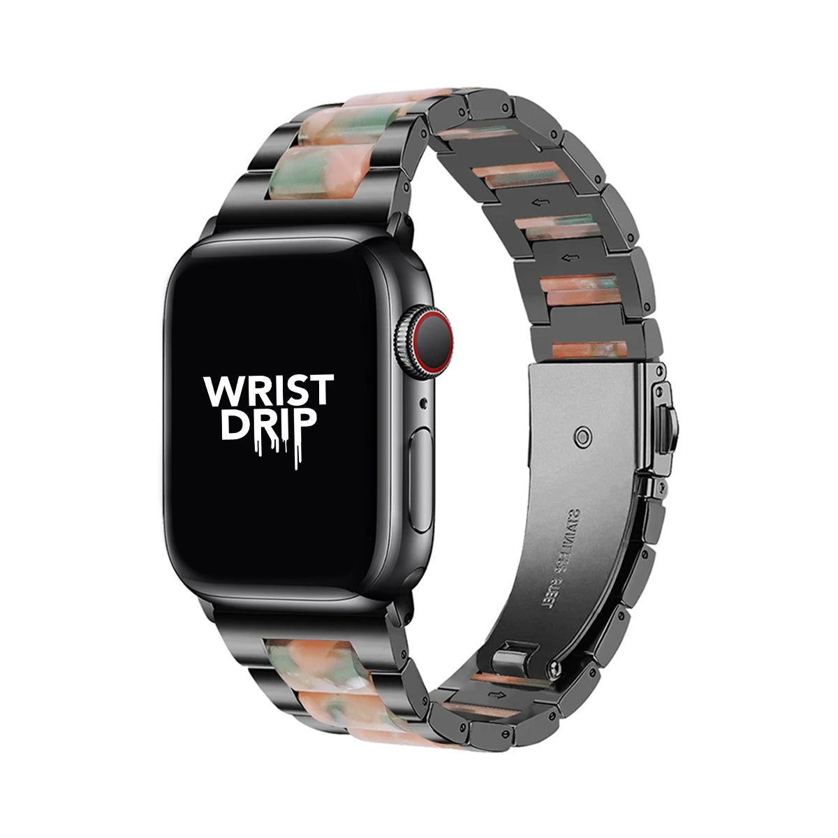 Black pink green stainless steel and resin Apple Watch band – elegant, stylish design