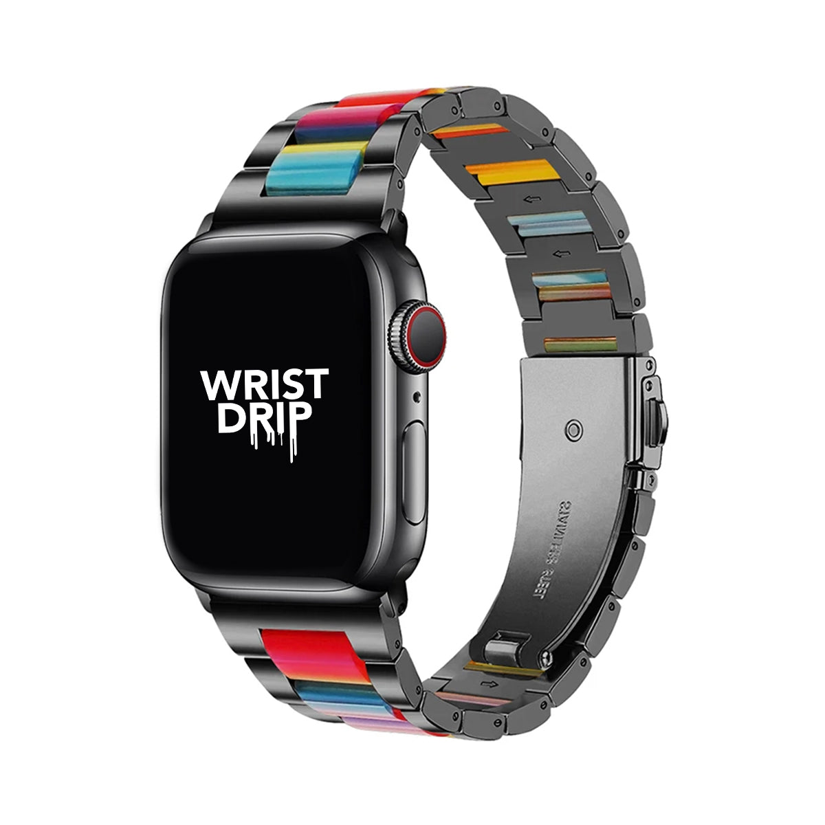 Black rainbow stainless steel and resin Apple Watch band – elegant, stylish design