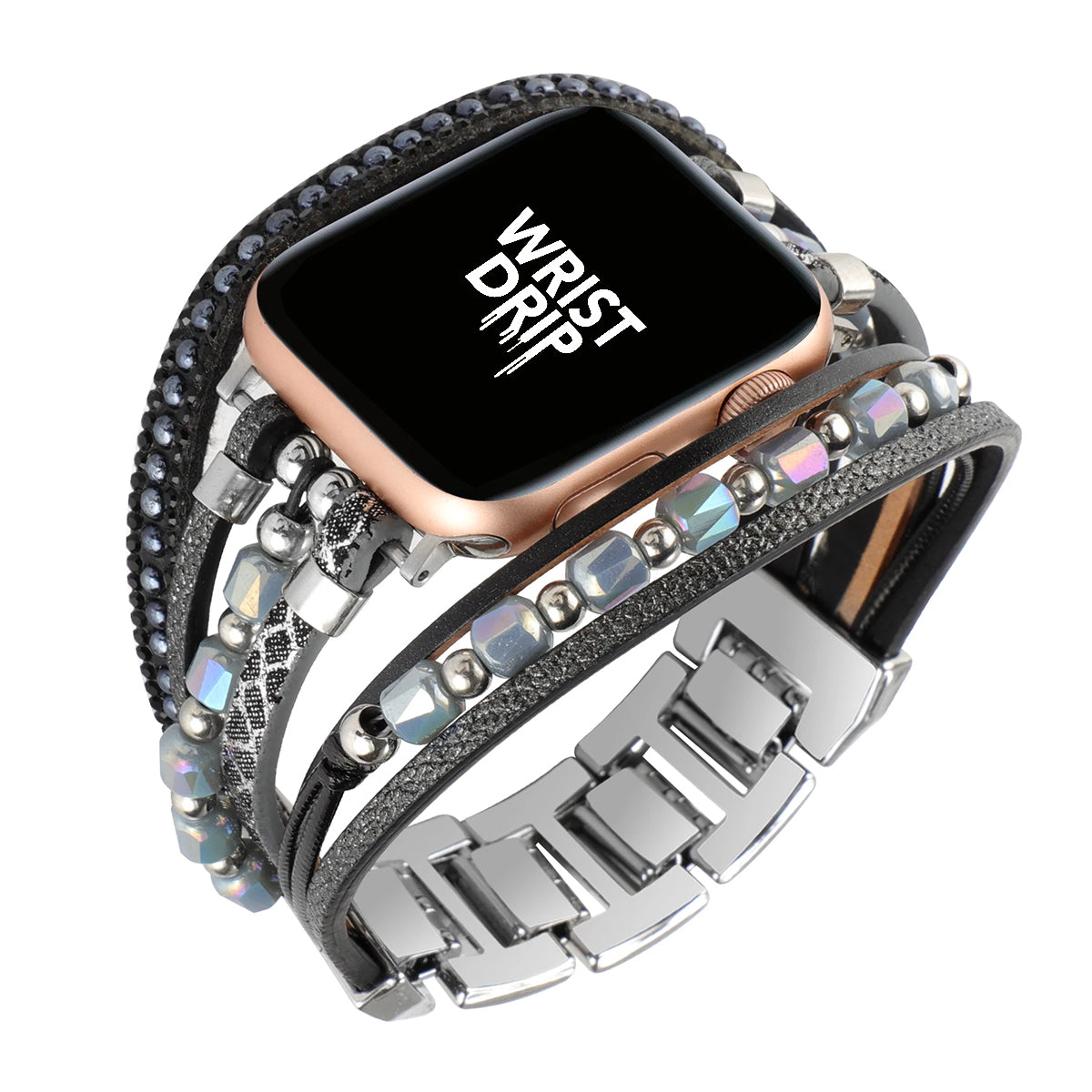 Black women’s stainless steel and beaded Apple Watch band – elegant, unique design