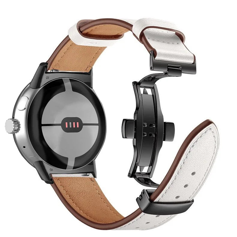 Black and white premium leather Google Pixel Watch band – comfortable, stylish fit