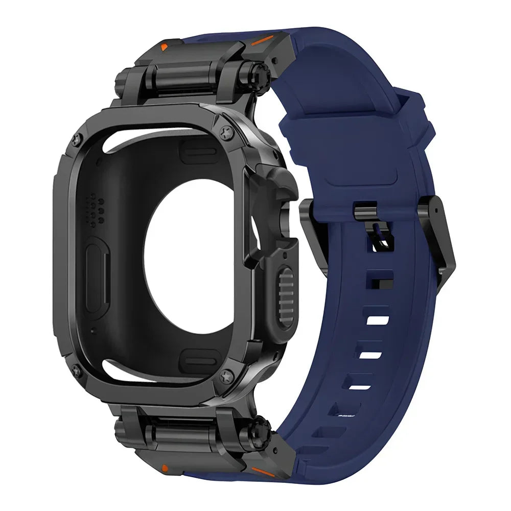 Blue stainless steel and silicone Apple Watch band – durable, stylish strap