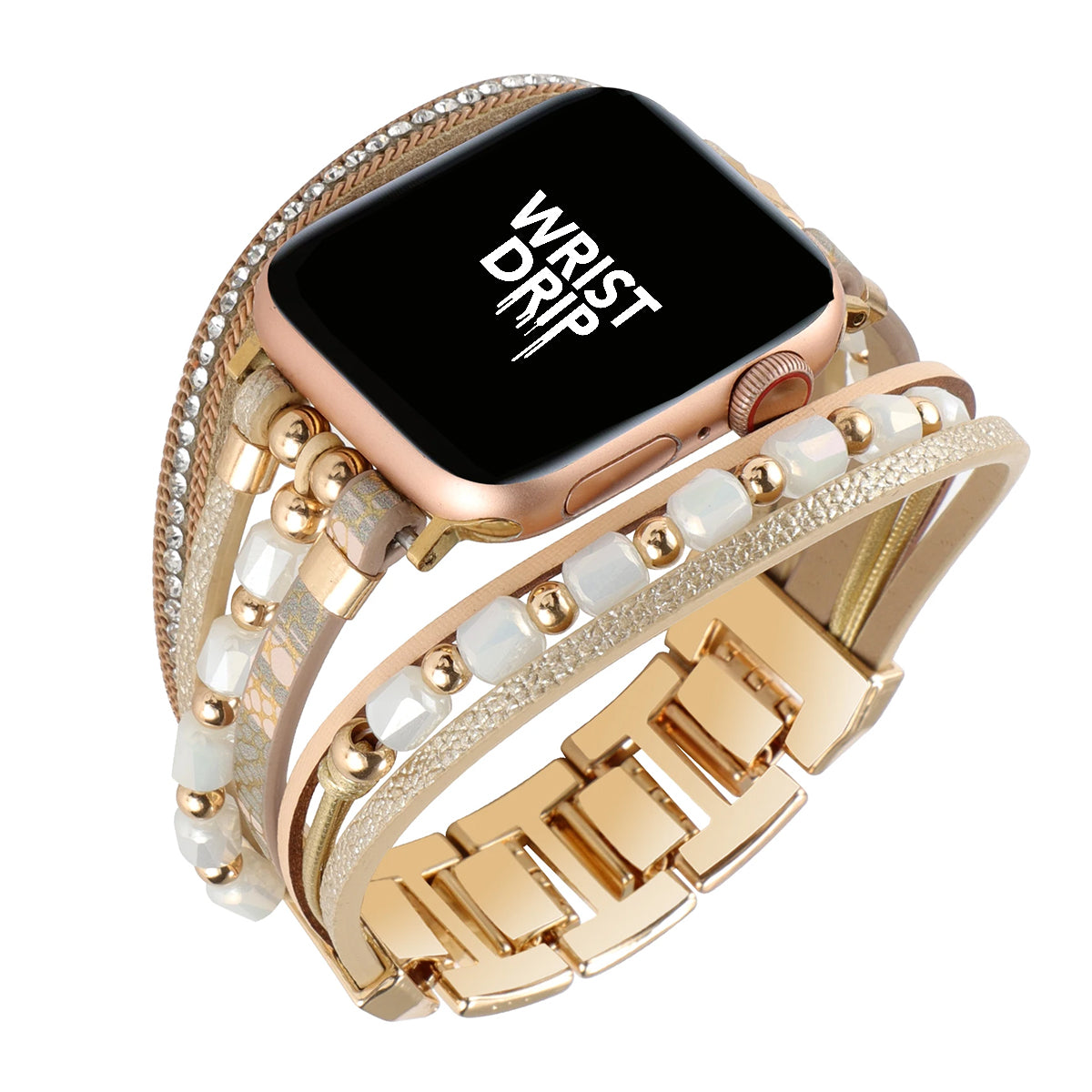 Gold women’s stainless steel and beaded Apple Watch band – elegant, unique design