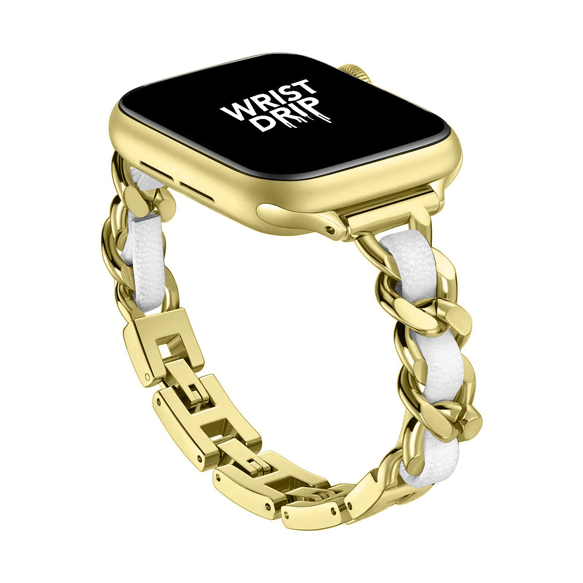 Gold and white women’s stainless steel Apple Watch band – elegant, stylish design