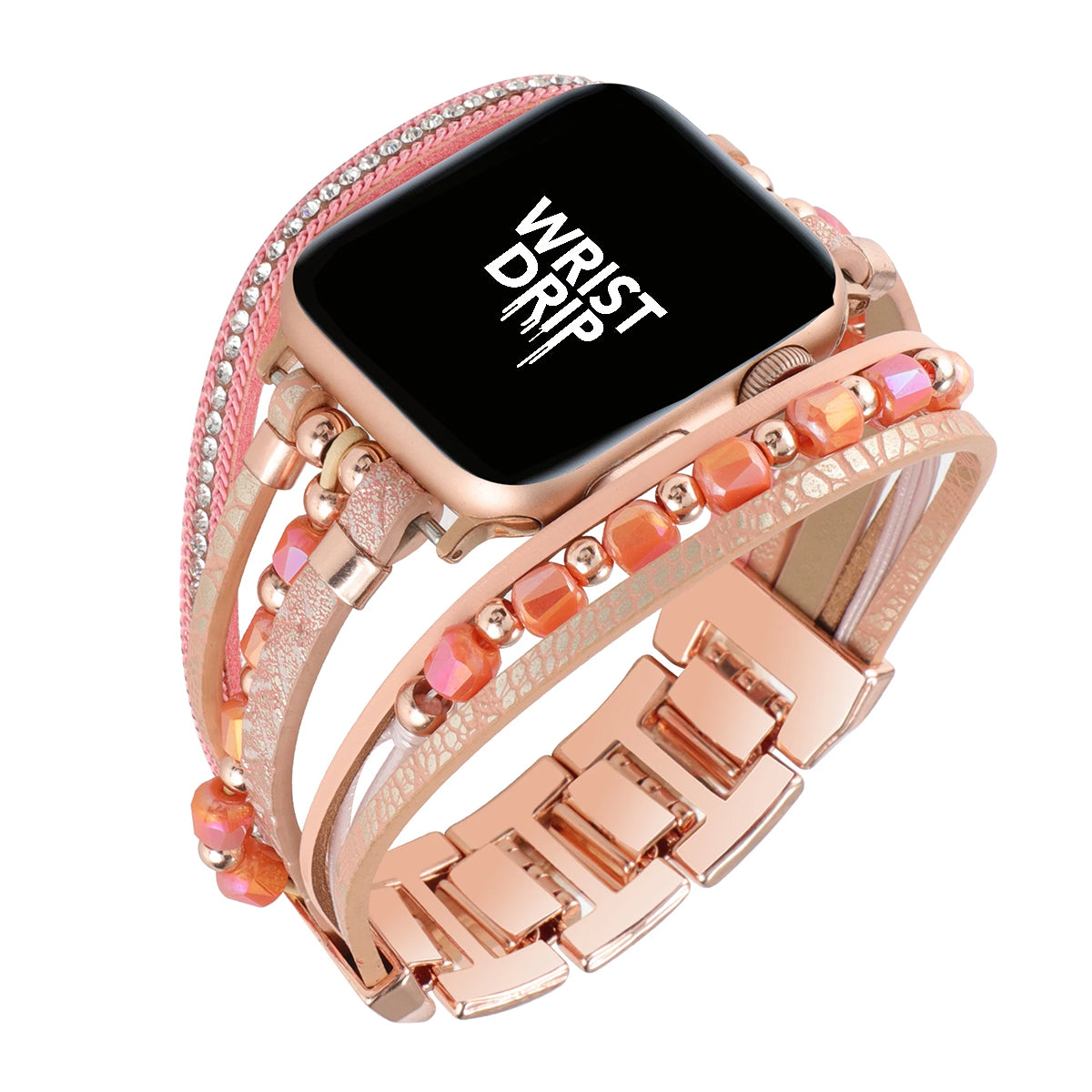 Pink women’s stainless steel and beaded Apple Watch band – elegant, unique design
