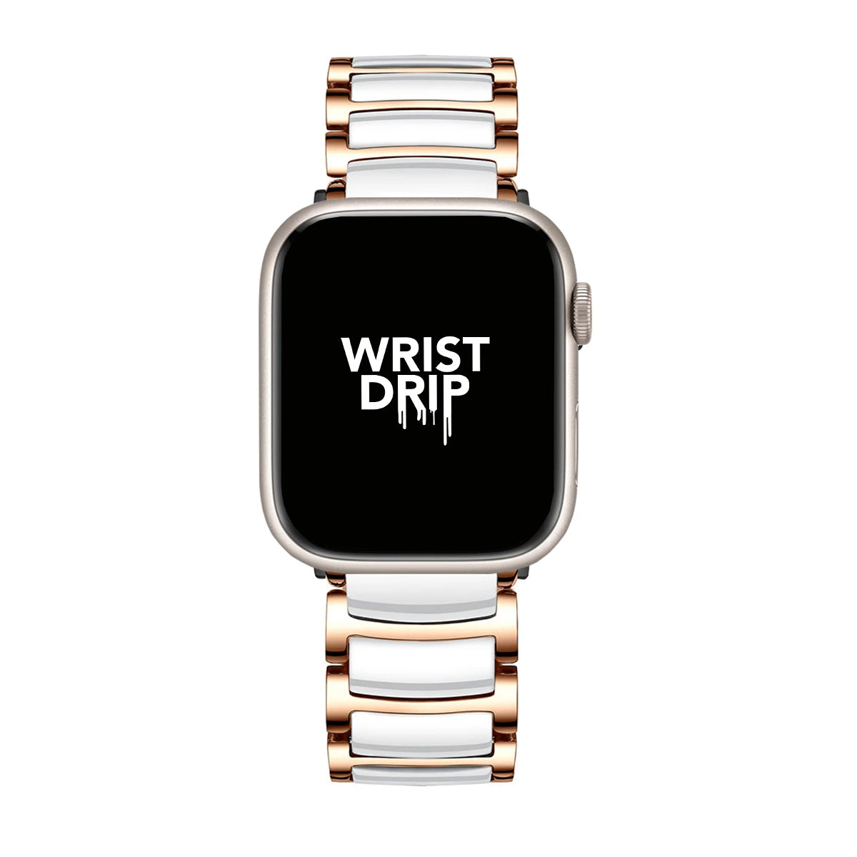 Rose gold and white women’s ceramic Apple Watch band – elegant, stylish design
