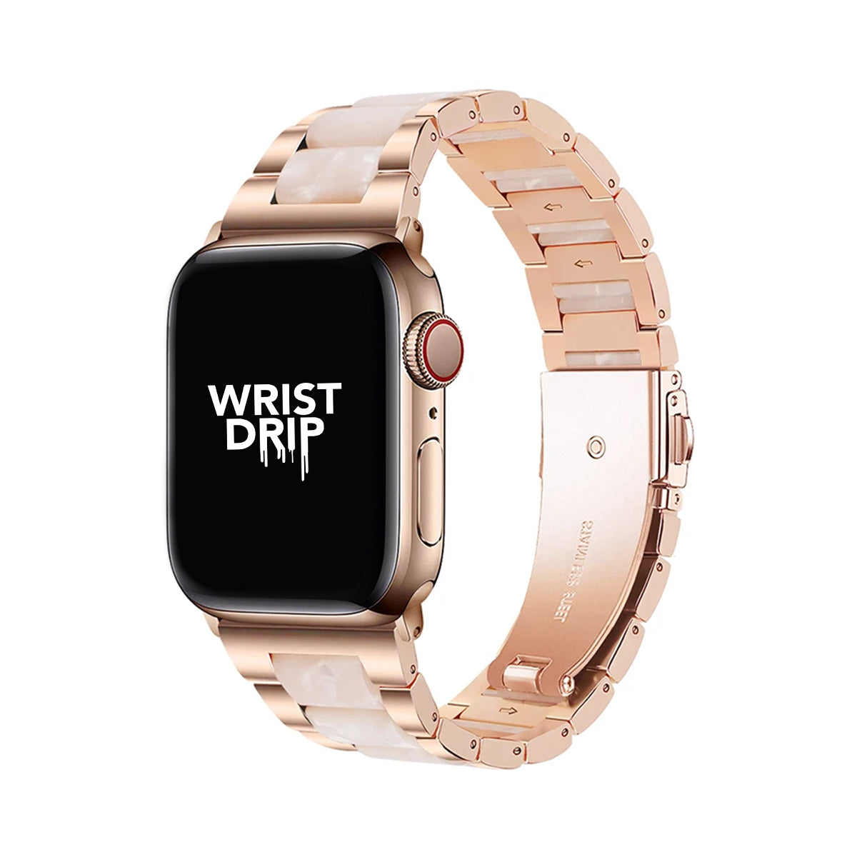 Rose pearl stainless steel and resin Apple Watch band – elegant, stylish design