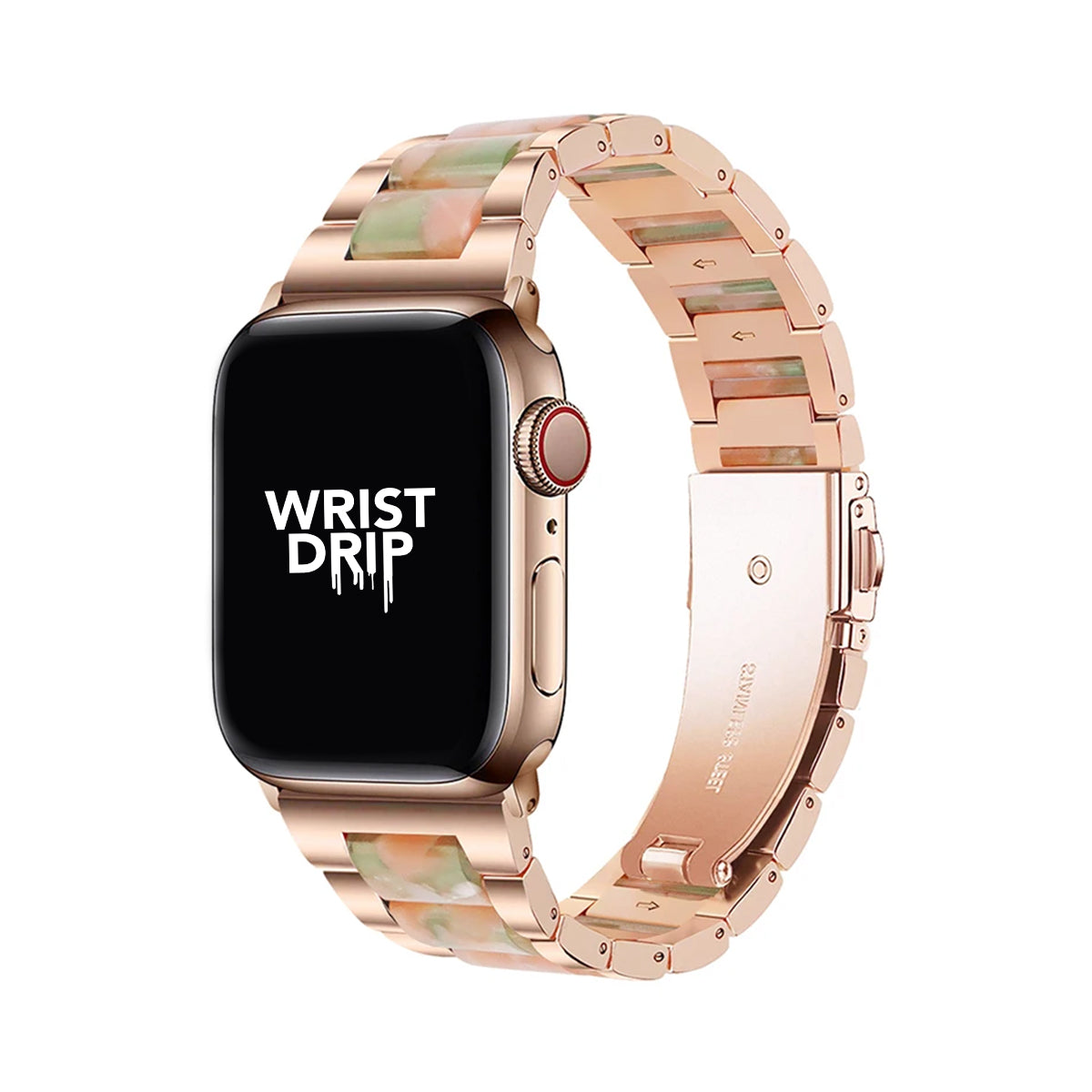Rose pink green stainless steel and resin Apple Watch band – elegant, stylish design