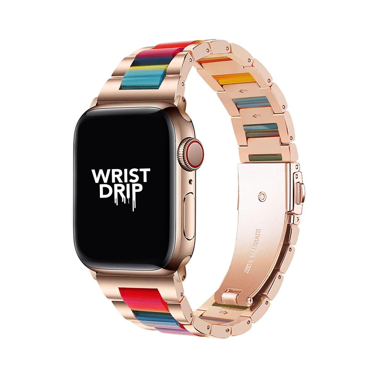 Rose rainbow stainless steel and resin Apple Watch band – elegant, stylish design