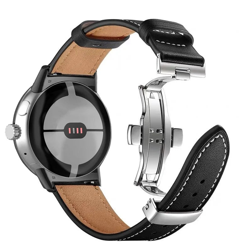 Silver and black premium leather Google Pixel Watch band – comfortable, stylish fit