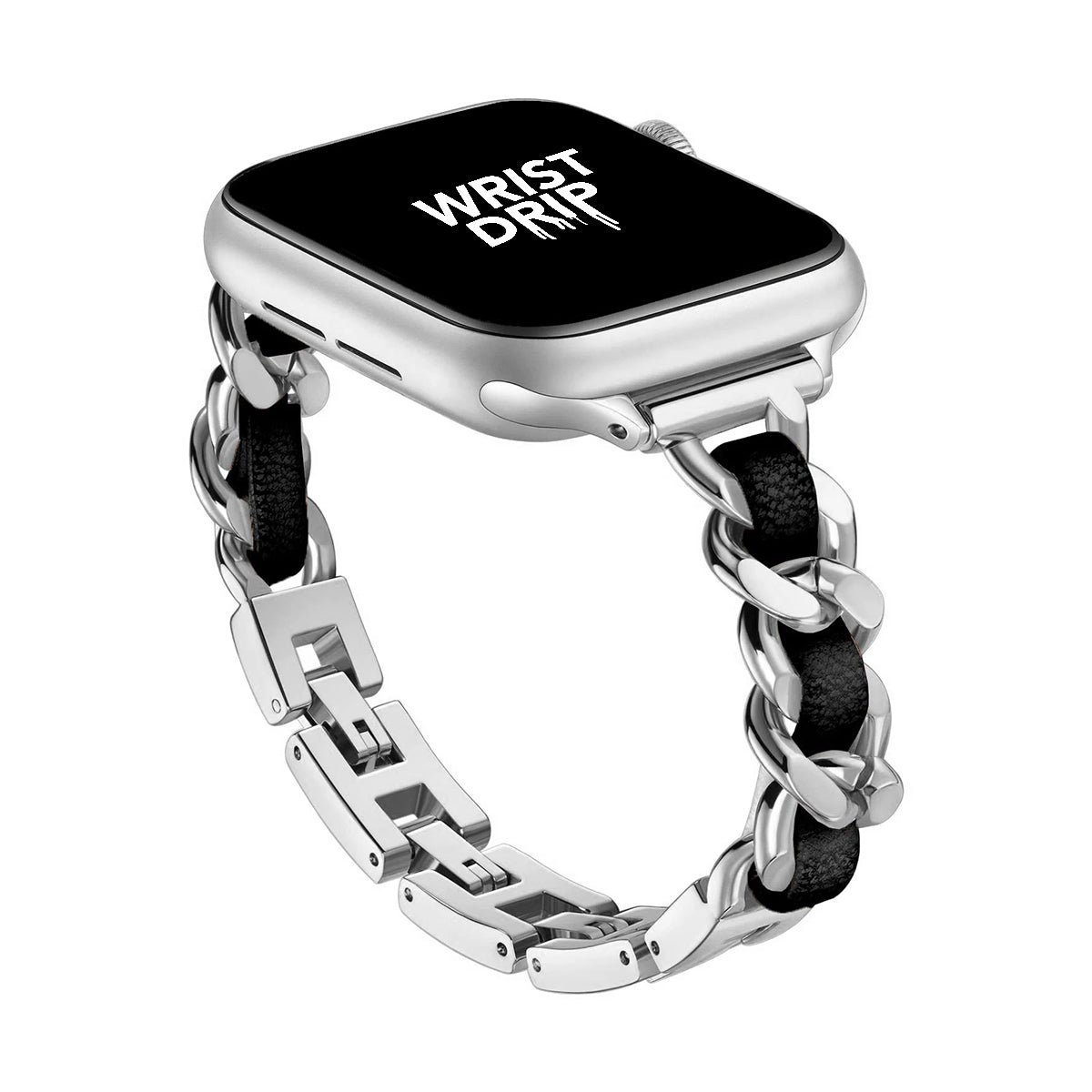 Silver and black women’s stainless steel Apple Watch band – elegant, stylish design