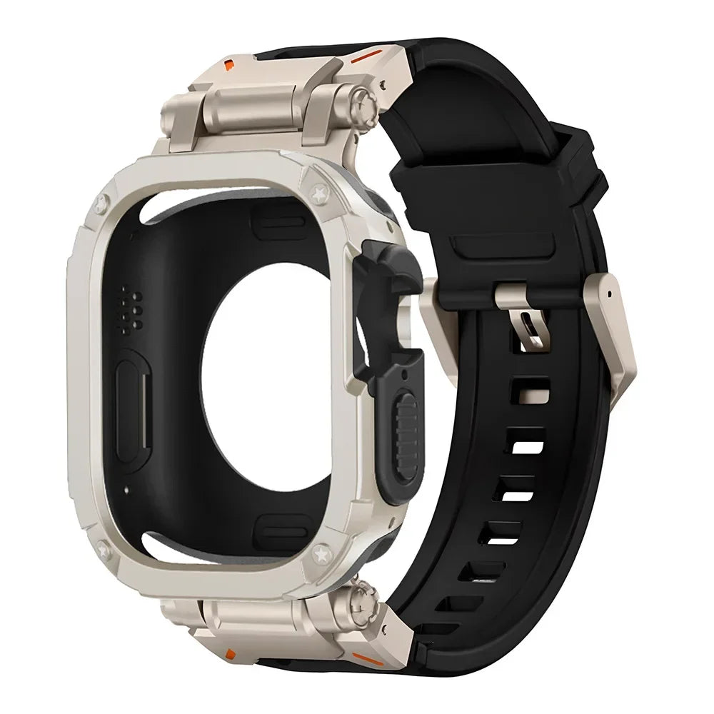 Silver and black stainless steel and silicone Apple Watch band – durable, stylish strap