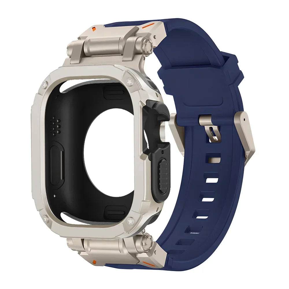 Silver and blue stainless steel and silicone Apple Watch band – durable, stylish strap
