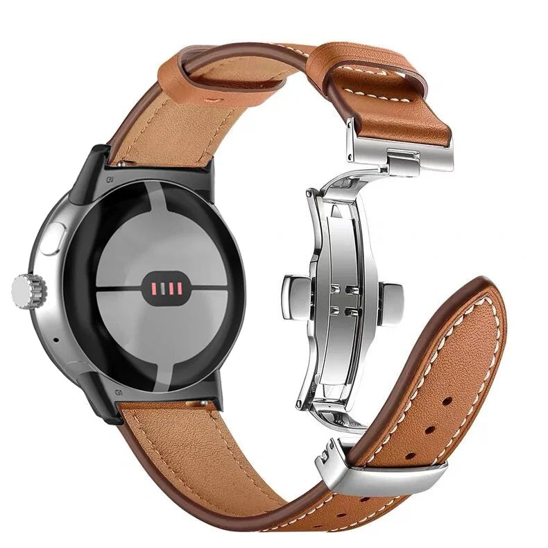 Silver and brown premium leather Google Pixel Watch band – comfortable, stylish fit