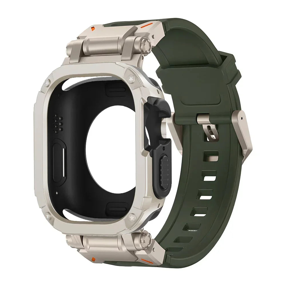 Silver and green stainless steel and silicone Apple Watch band – durable, stylish strap