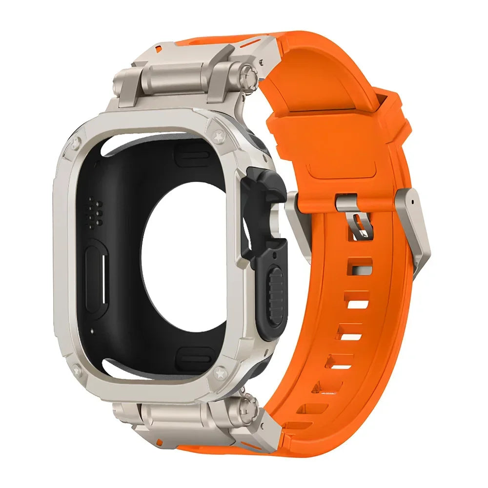 Silver and orange stainless steel and silicone Apple Watch band – durable, stylish strap