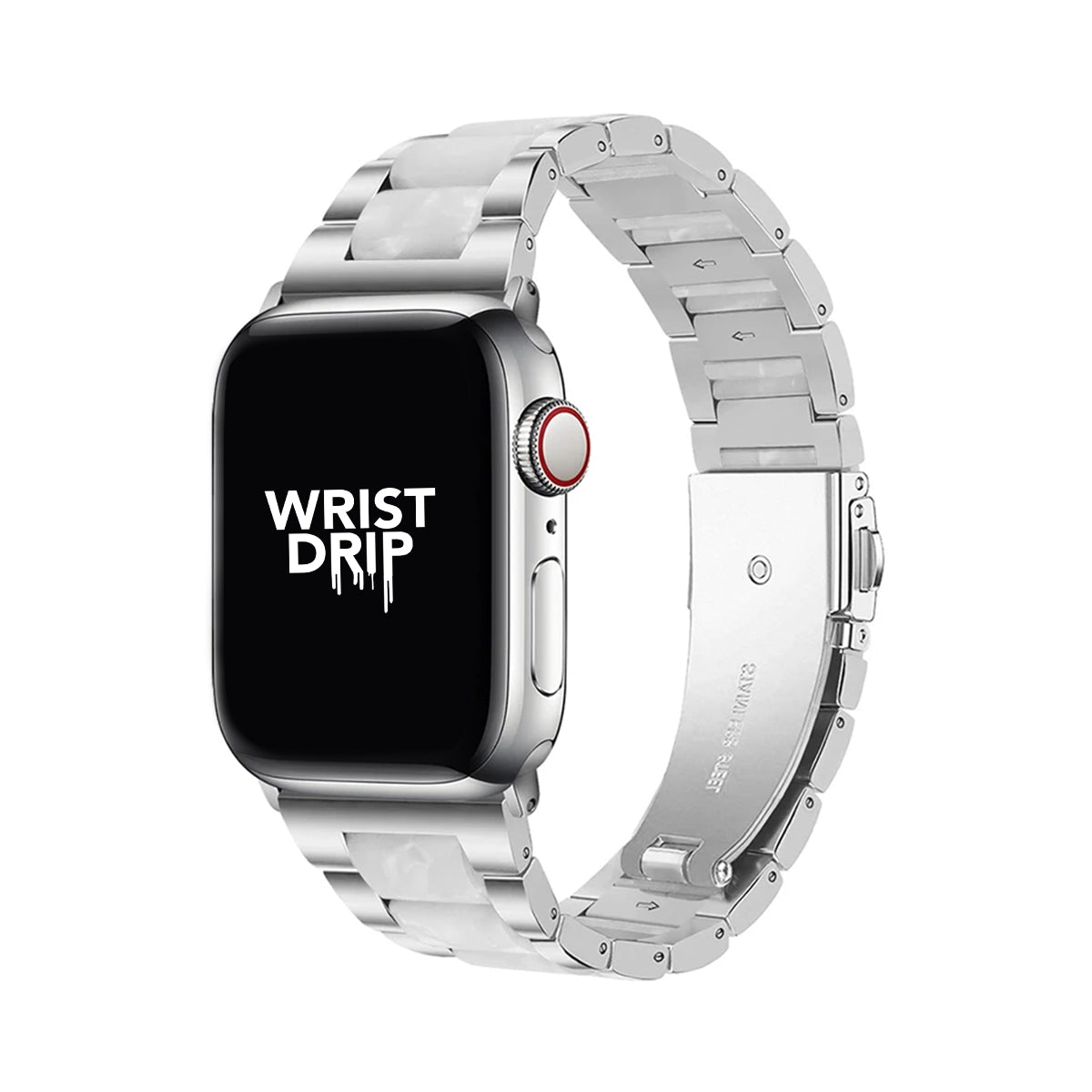 Silver pearl stainless steel and resin Apple Watch band – elegant, stylish design