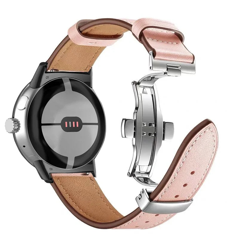 Silver and pink premium leather Google Pixel Watch band – comfortable, stylish fit