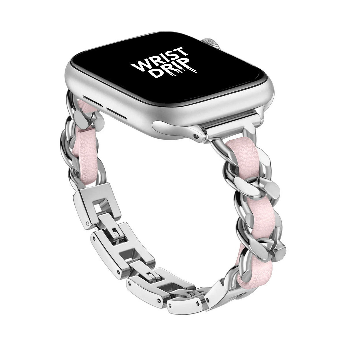 Silver and pink women’s stainless steel Apple Watch band – elegant, stylish design