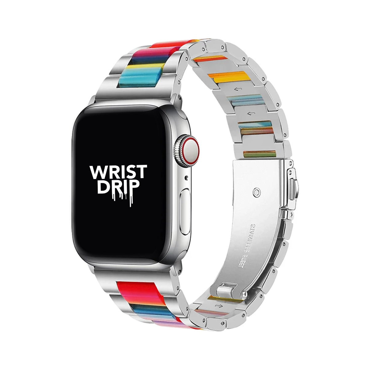 Silver rainbow stainless steel and resin Apple Watch band – elegant, stylish design