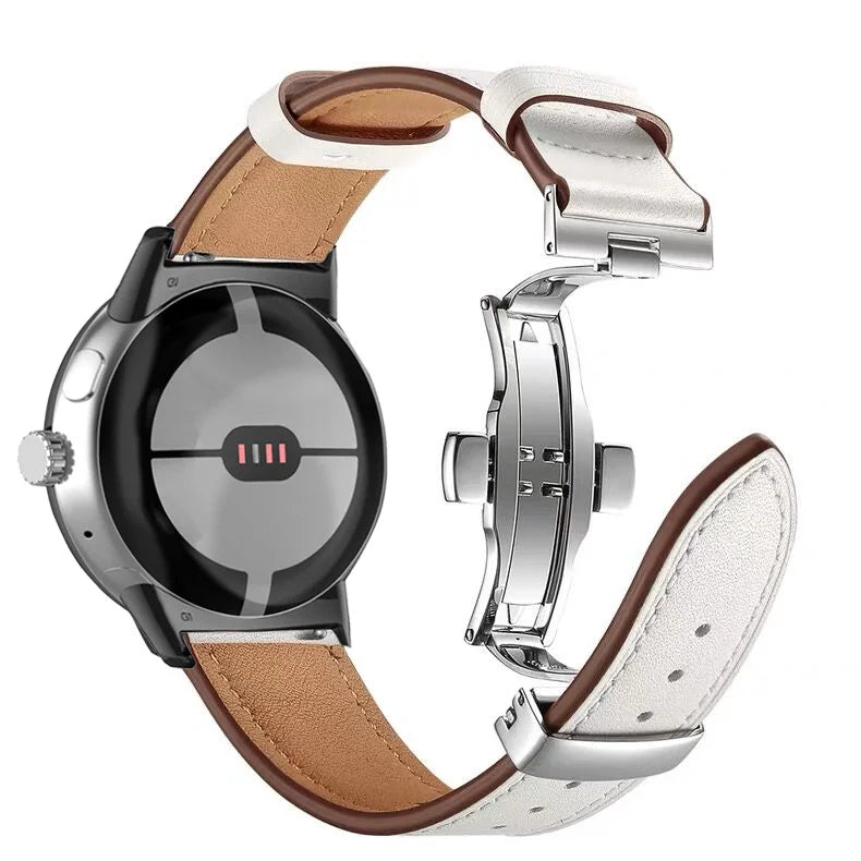 Silver and white premium leather Google Pixel Watch band – comfortable, stylish fit