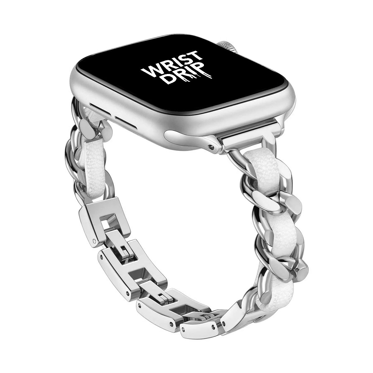 Silver and white women’s stainless steel Apple Watch band – elegant, stylish design