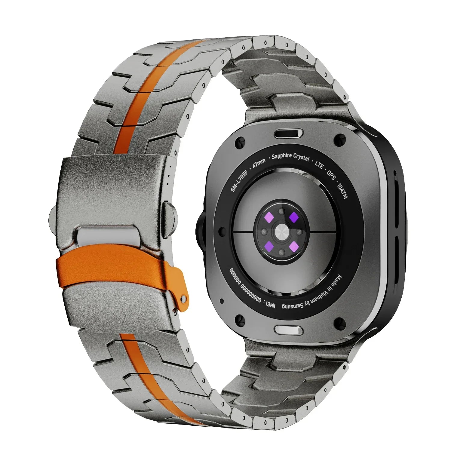 Titanium and orange stainless steel Samsung Galaxy Ultra watch band – sleek, durable design