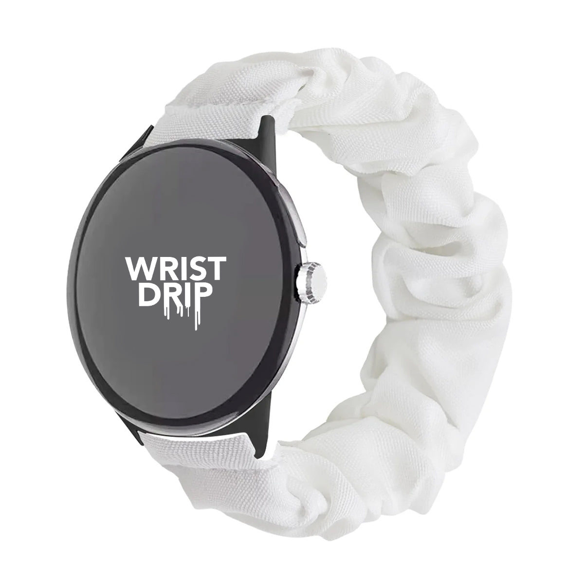 White women’s nylon scrunchie Google Pixel Watch band – comfortable, stylish fit