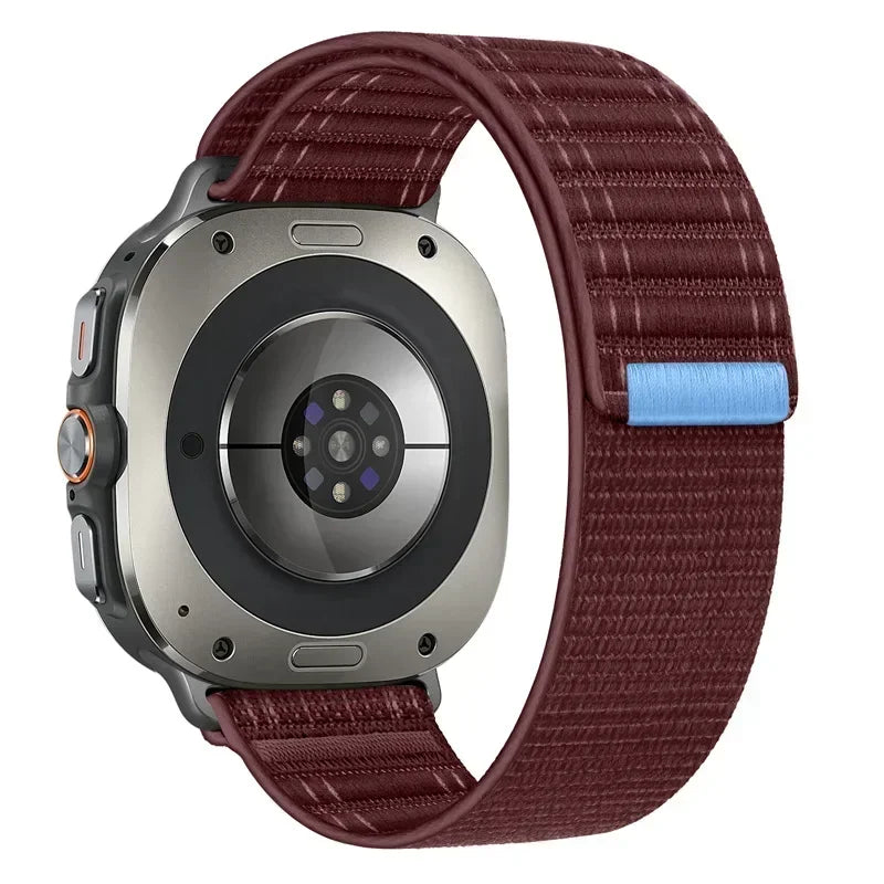 Wine red nylon loop Samsung Galaxy Ultra watch band – lightweight, adjustable fit