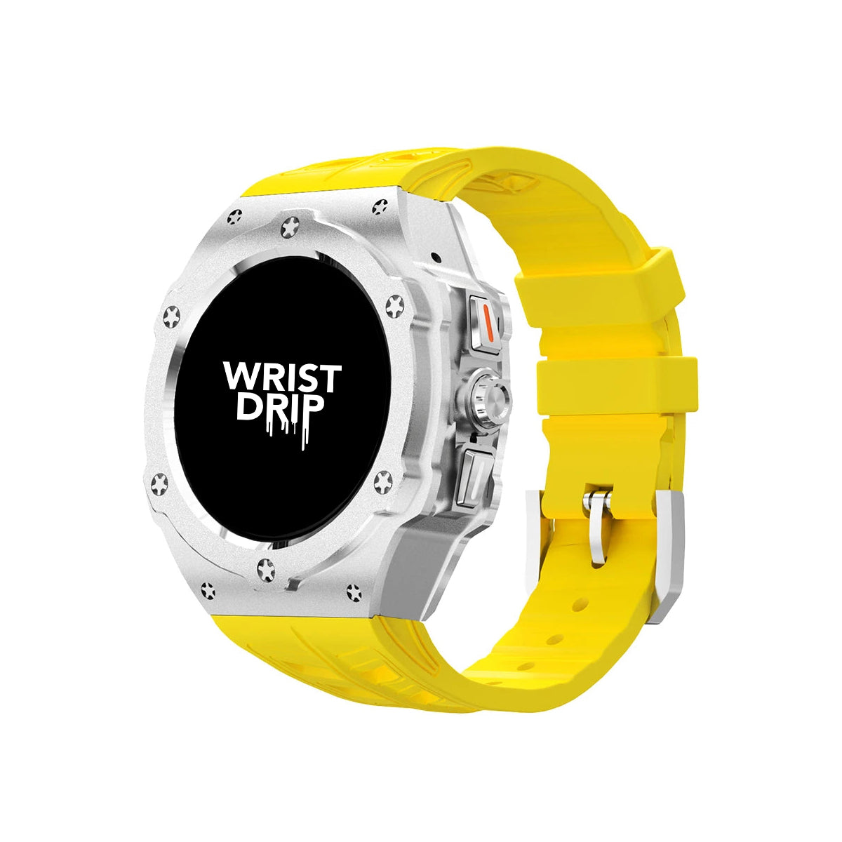 Yellow silicone and silver metal Samsung Galaxy Ultra watch band – durable strap for everyday wear