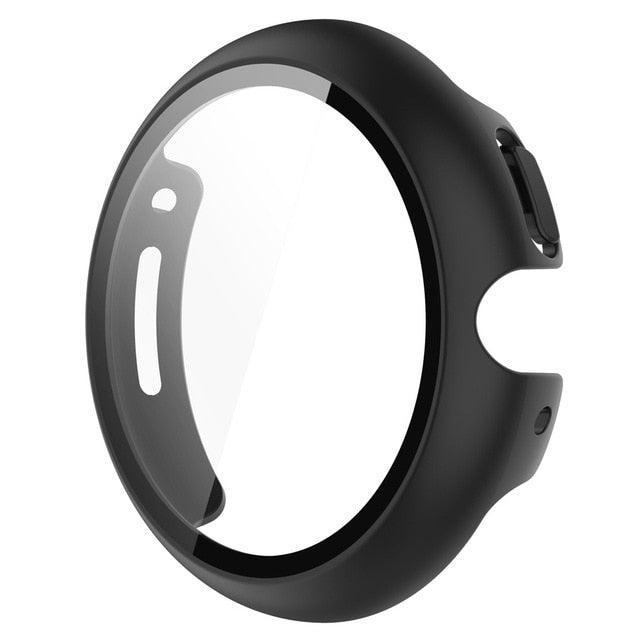 Black tempered glass screen protector for Google Pixel Watch – sleek and durable edge-to-edge protection.