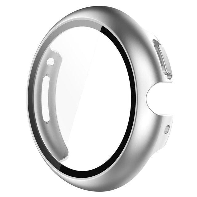 Silver tempered glass screen protector for Google Pixel Watch – metallic edge styling with full-screen durability.