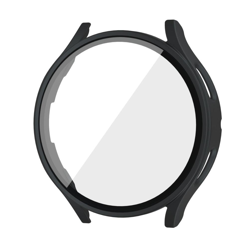 Black protective tempered glass screen cover for Samsung Galaxy Watch – sleek and strong.