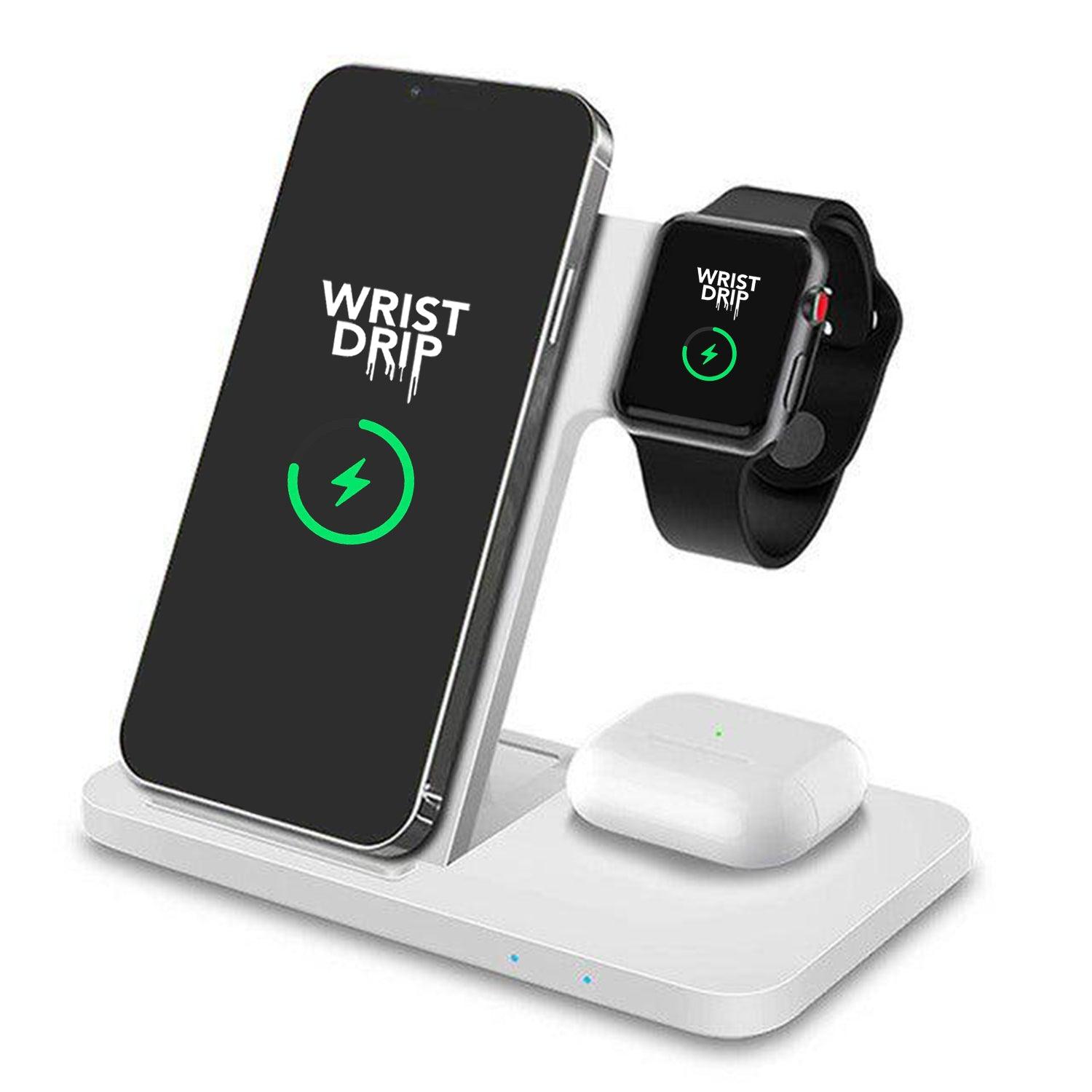 White 3 in 1 Wireless Apple Charger Stand for iPhone, Apple Watch, and AirPods – fast wireless charging station, sleek and functional design.